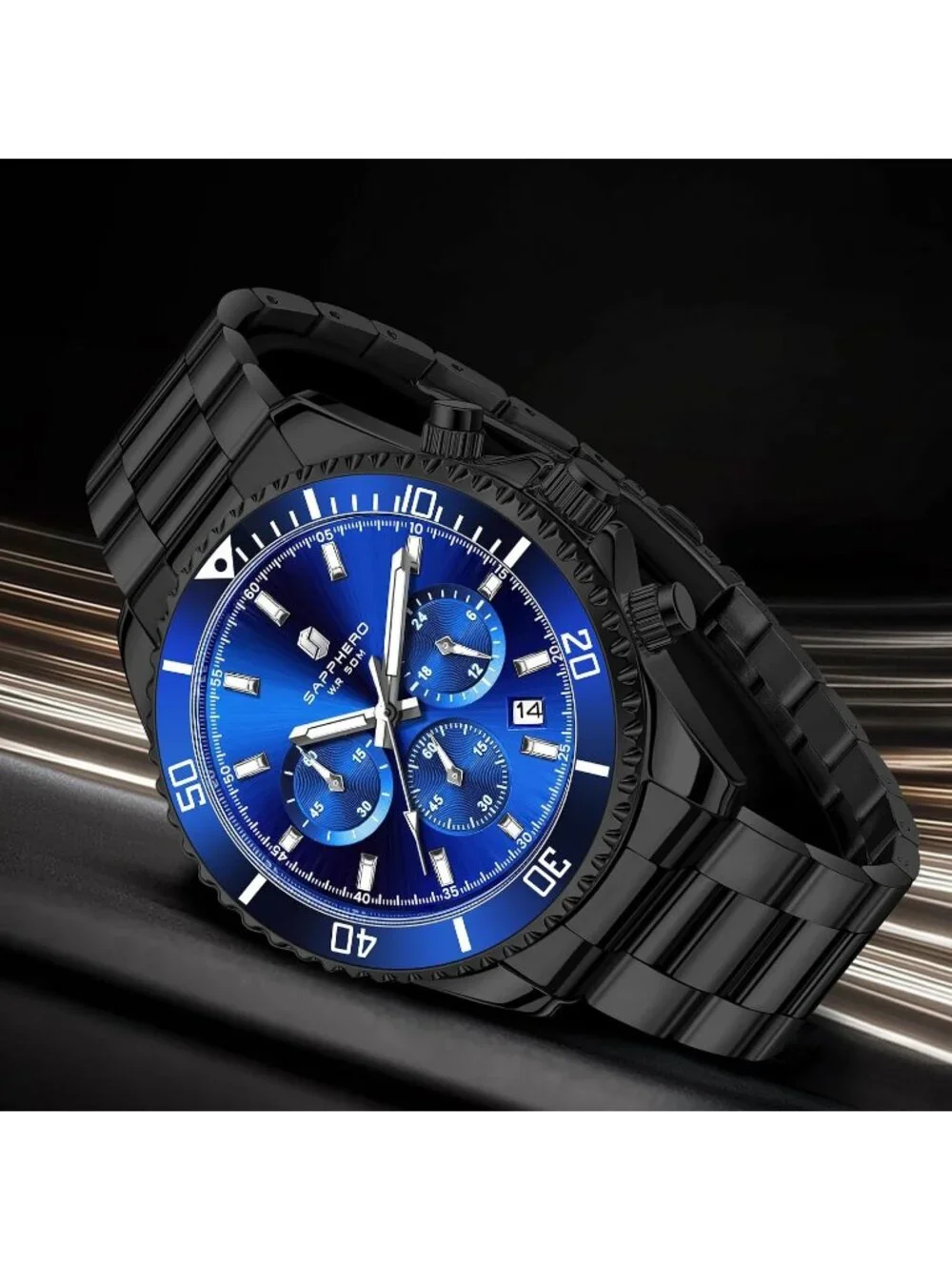 Men's Black Strap Blue Face Quartz Chronograph Stainless Steel Waterproof Watch